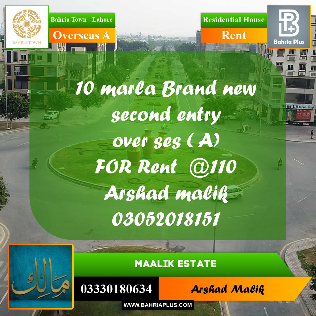 10 Marla Residential House for Rent in Overseas A -  Bahria Town, Lahore - (BP-268313)