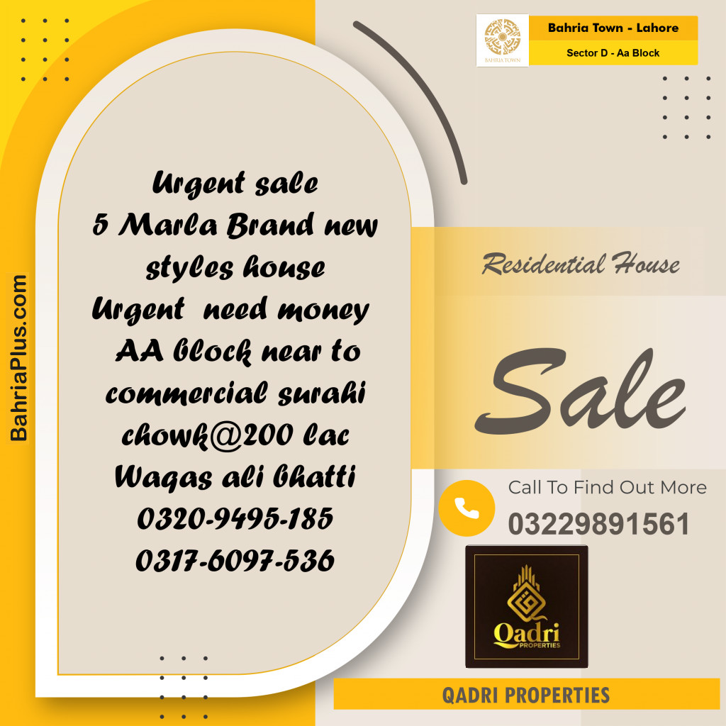5 Marla Residential House for Sale in Sector D - AA Block -  Bahria Town, Lahore - (BP-268326)