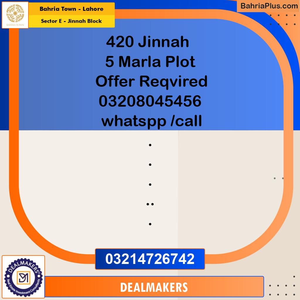 5 Marla Residential Plot for Sale in Sector E - Jinnah Block -  Bahria Town, Lahore - (BP-268340)