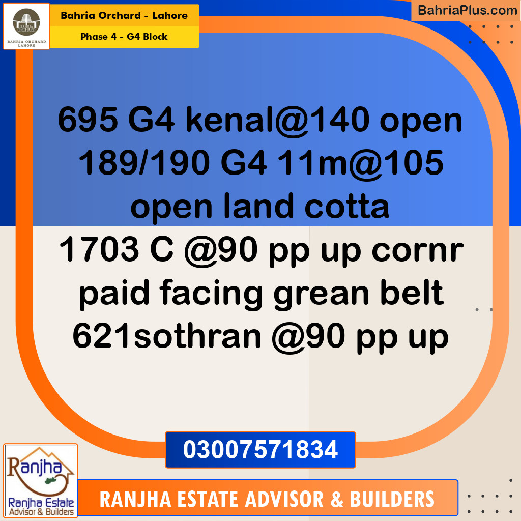 1 Kanal Residential Plot for Sale in Phase 4 - G4 Block -  Bahria Orchard, Lahore - (BP-268345)