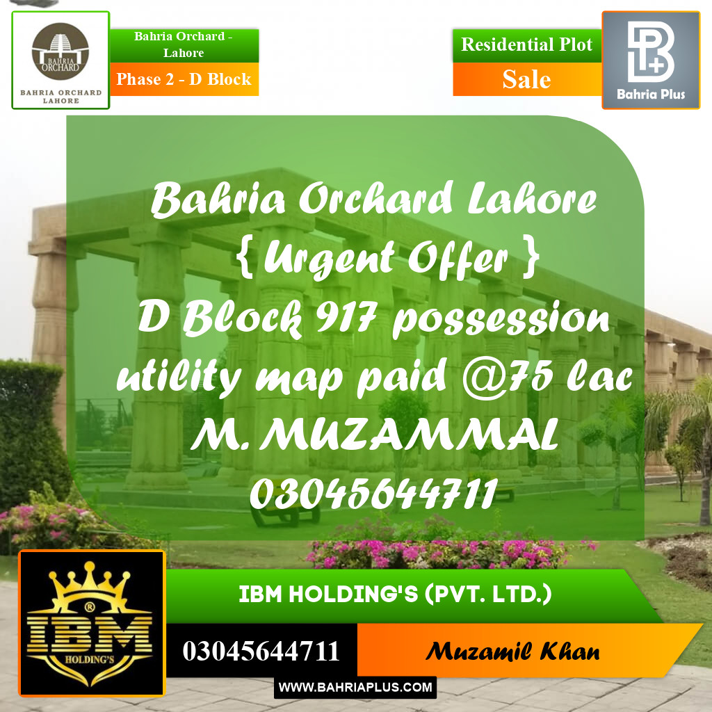 8 Marla Residential Plot for Sale in Phase 2 - D Block -  Bahria Orchard, Lahore - (BP-268383)