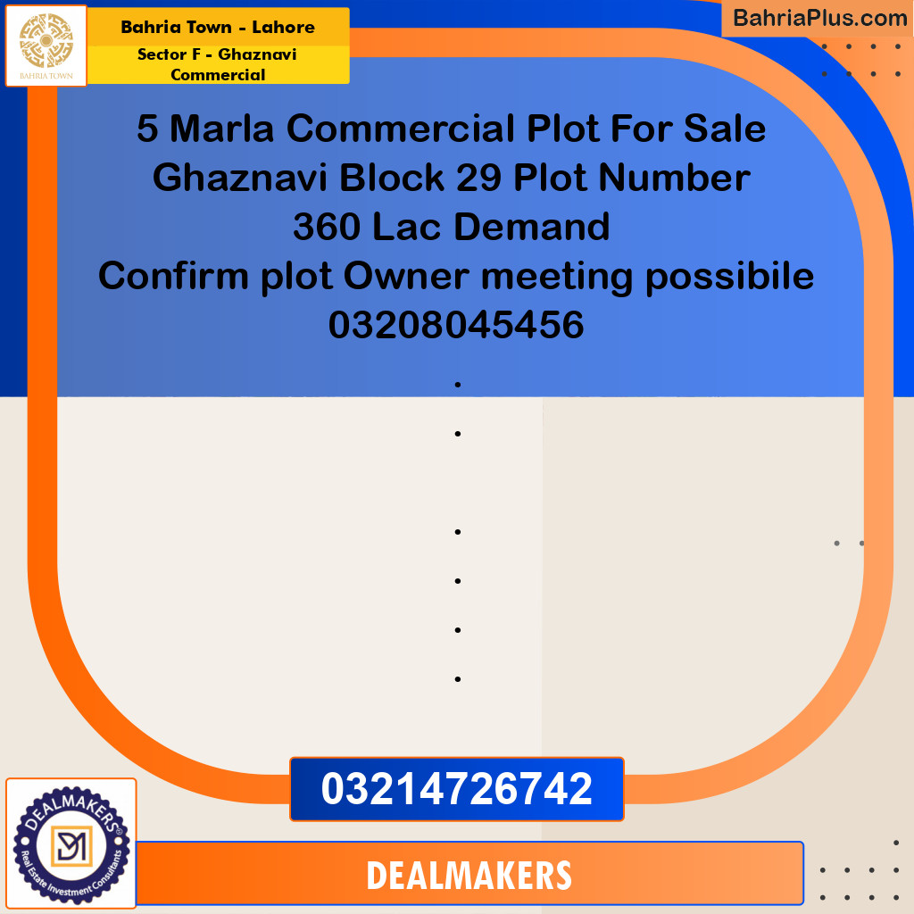 5 Marla Commercial Plot for Sale in Sector F - Ghaznavi Commercial -  Bahria Town, Lahore - (BP-268412)