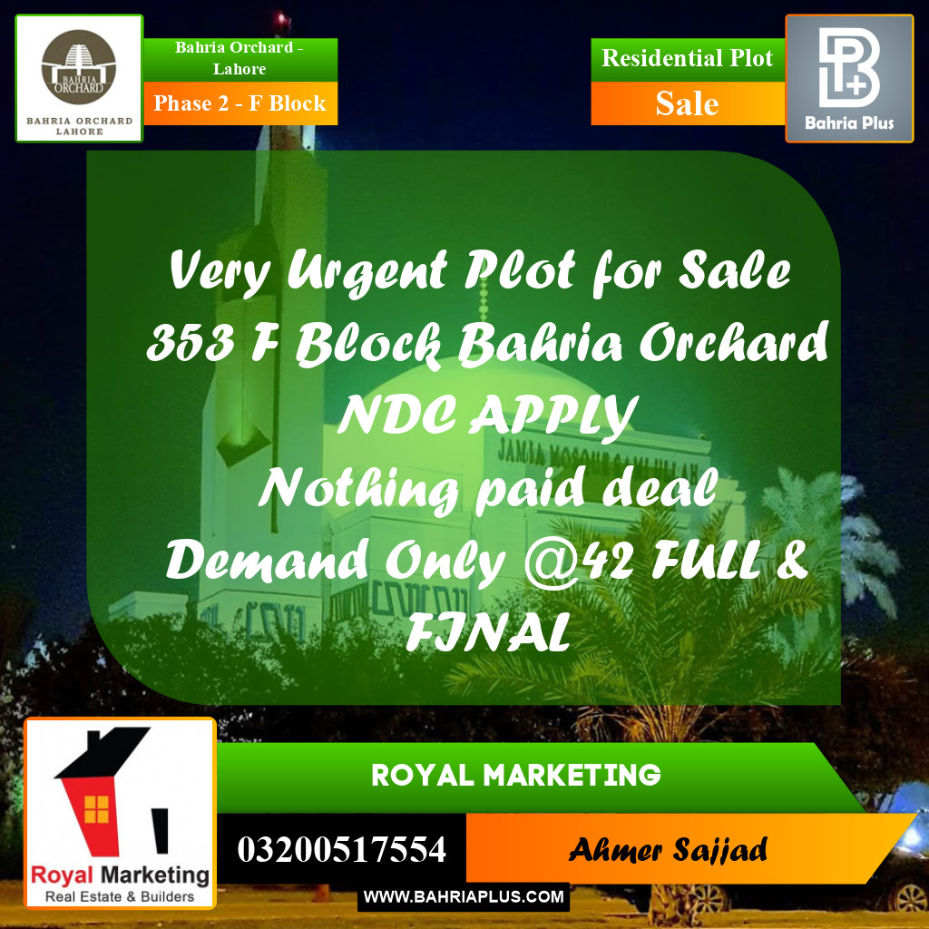 Residential Plot for Sale in Phase 2 - F Block -  Bahria Orchard, Lahore - (BP-268437)