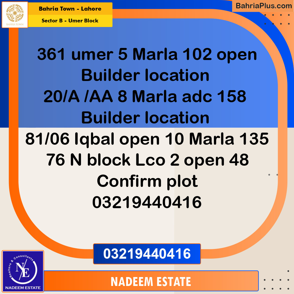 Residential Plot for Sale in Sector B - Umer Block -  Bahria Town, Lahore - (BP-268550)