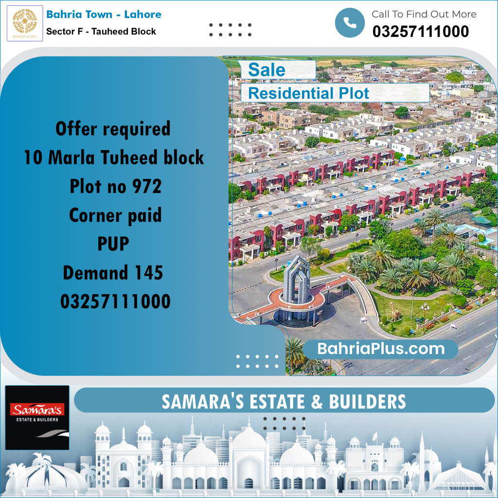 10 Marla Residential Plot for Sale in Sector F - Tauheed Block -  Bahria Town, Lahore - (BP-268569)