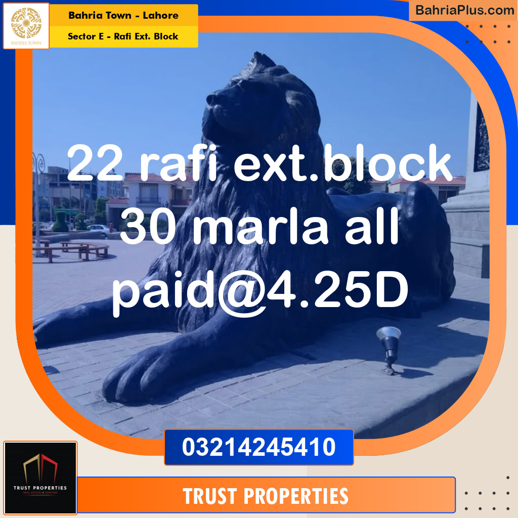 30 Marla Residential Plot for Sale in Sector E - Rafi Ext. Block -  Bahria Town, Lahore - (BP-268684)