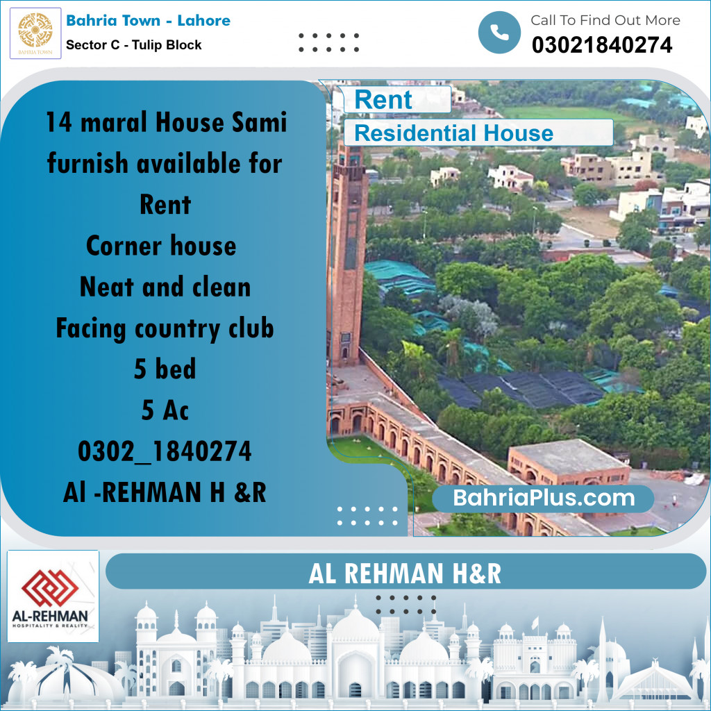 14 Marla Residential House for Rent in Sector C - Tulip Block -  Bahria Town, Lahore - (BP-268705)