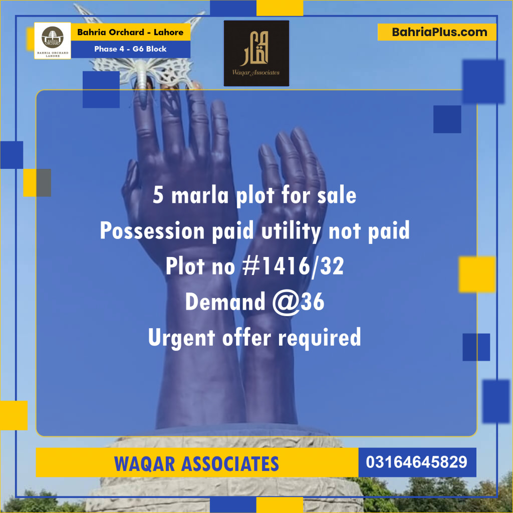 5 Marla Residential Plot for Sale in Phase 4 - G6 Block -  Bahria Orchard, Lahore - (BP-268728)