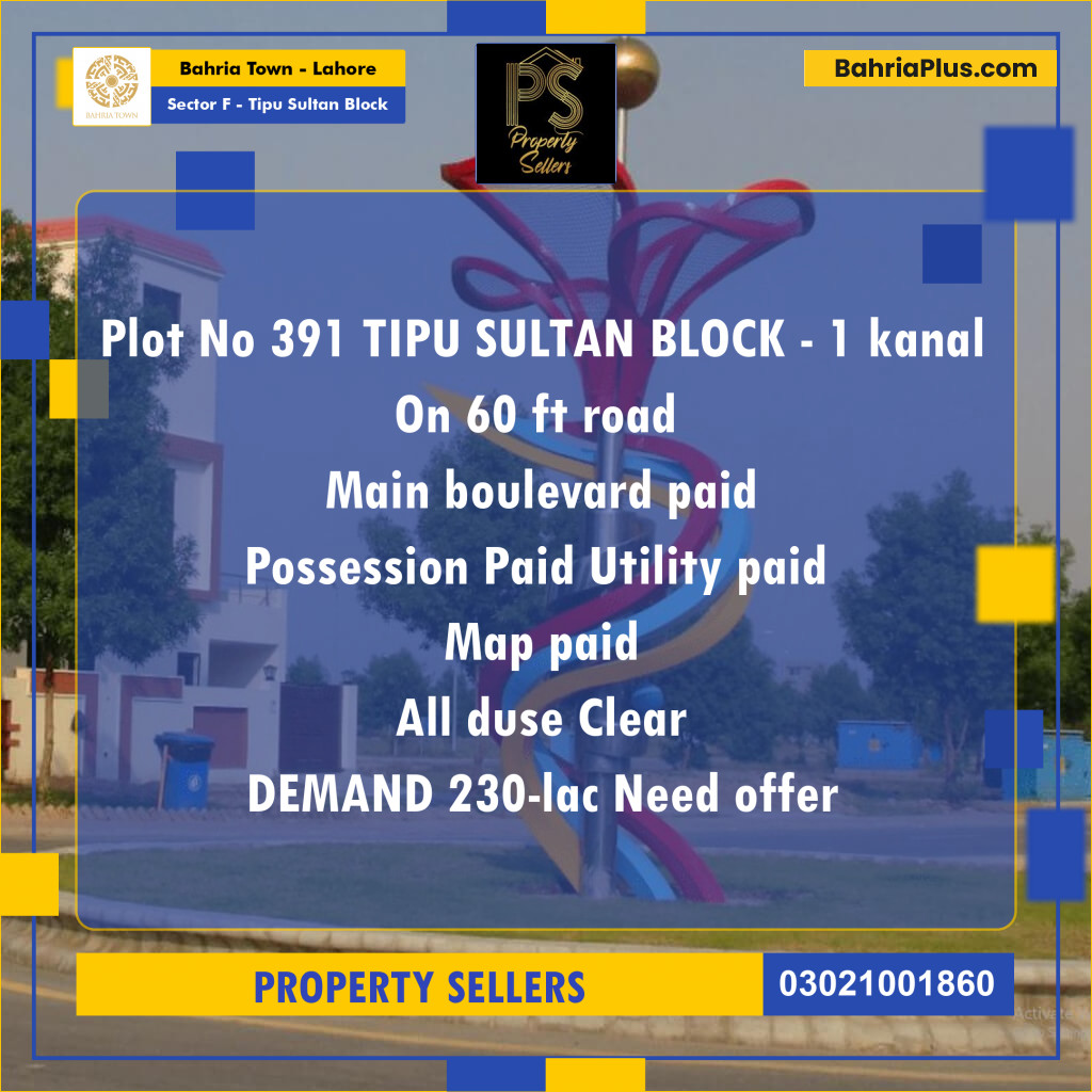 1 Kanal Residential Plot for Sale in Sector F - Tipu Sultan Block -  Bahria Town, Lahore - (BP-268799)
