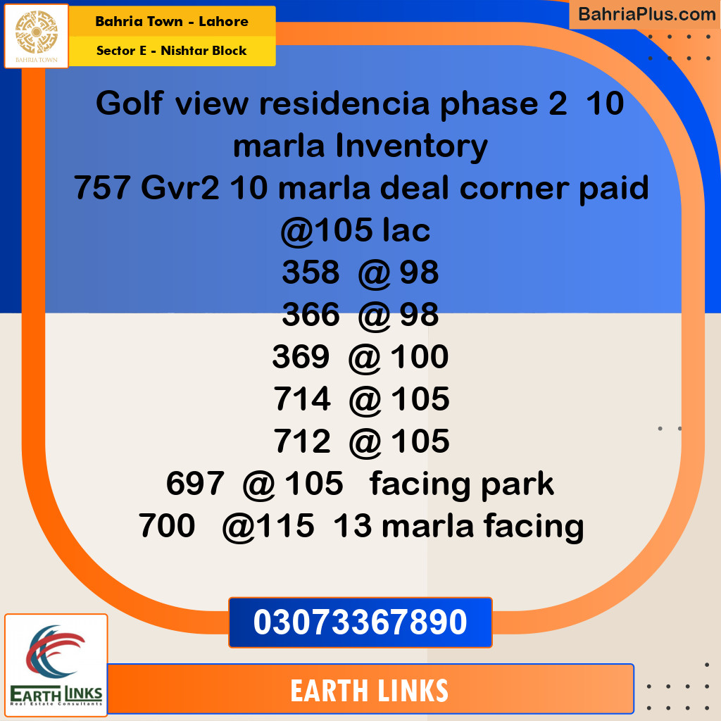 10 Marla Residential Plot for Sale in Sector E - Nishtar Block -  Bahria Town, Lahore - (BP-268834)