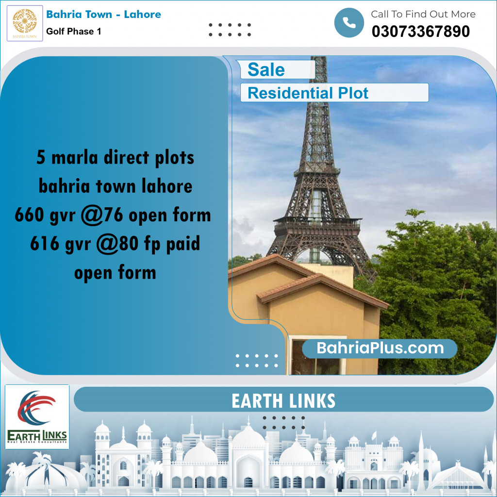 5 Marla Residential Plot for Sale in Golf Phase 1 -  Bahria Town, Lahore - (BP-268836)