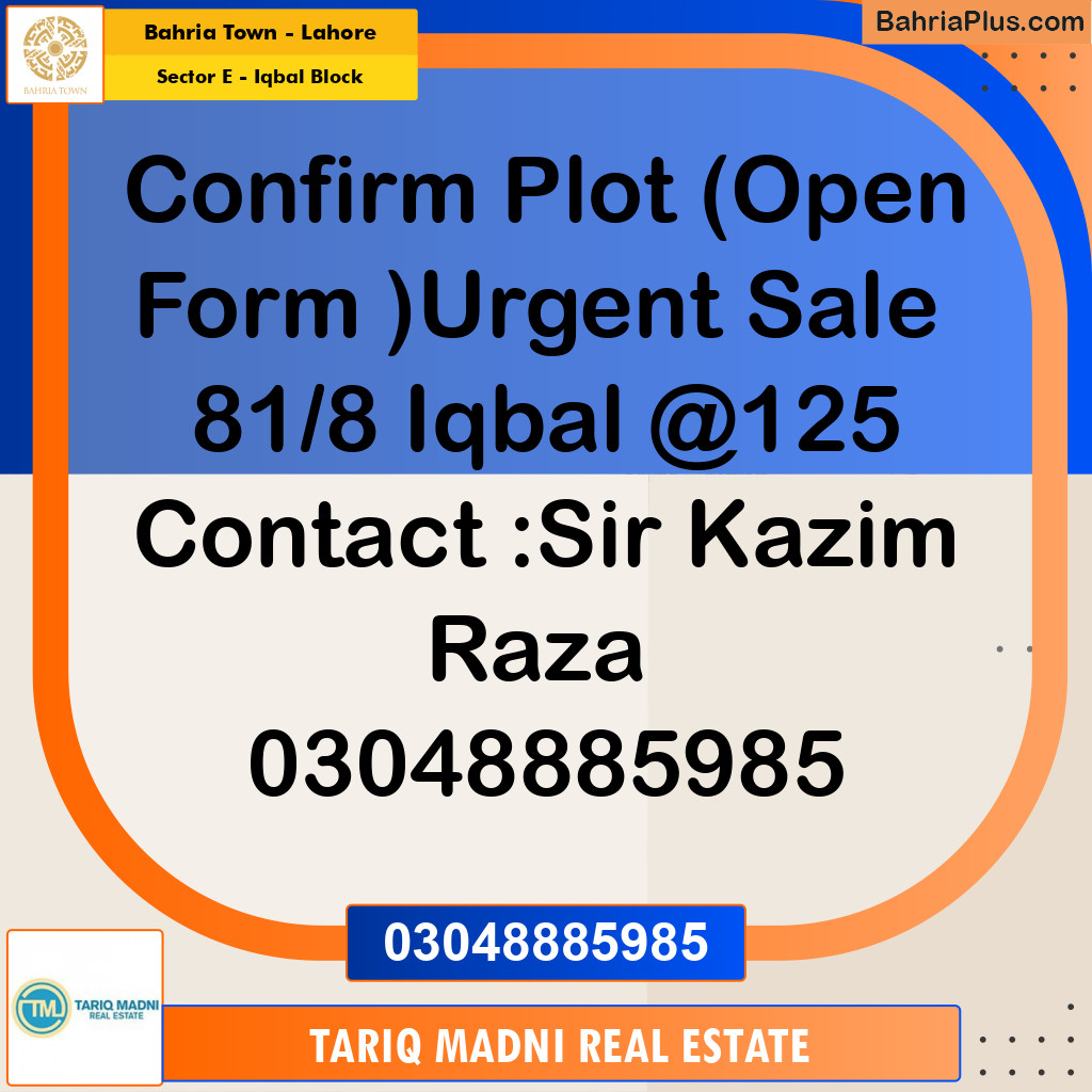 10 Marla Residential Plot for Sale in Sector E - Iqbal Block -  Bahria Town, Lahore - (BP-268856)
