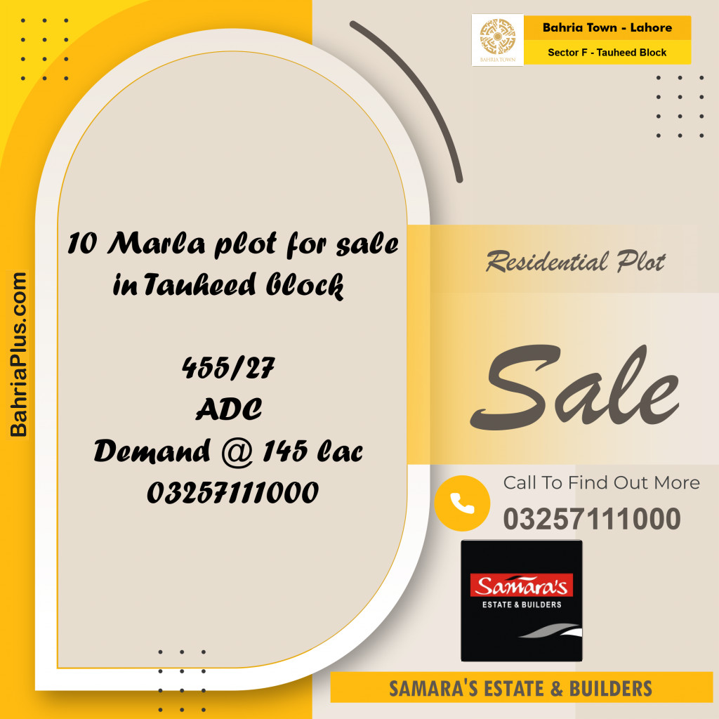 10 Marla Residential Plot for Sale in Sector F - Tauheed Block -  Bahria Town, Lahore - (BP-268881)