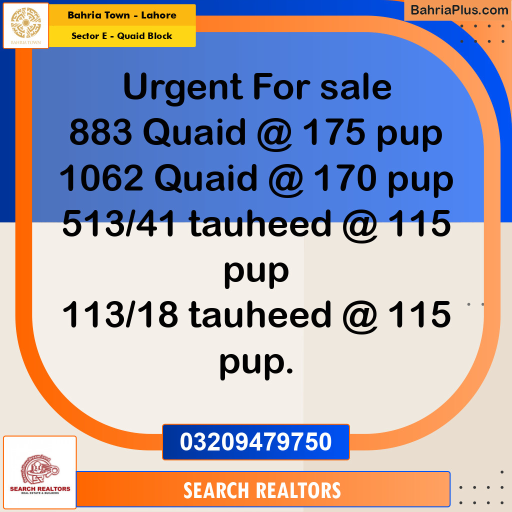 10 Marla Residential Plot for Sale in Sector E - Quaid Block -  Bahria Town, Lahore - (BP-268889)