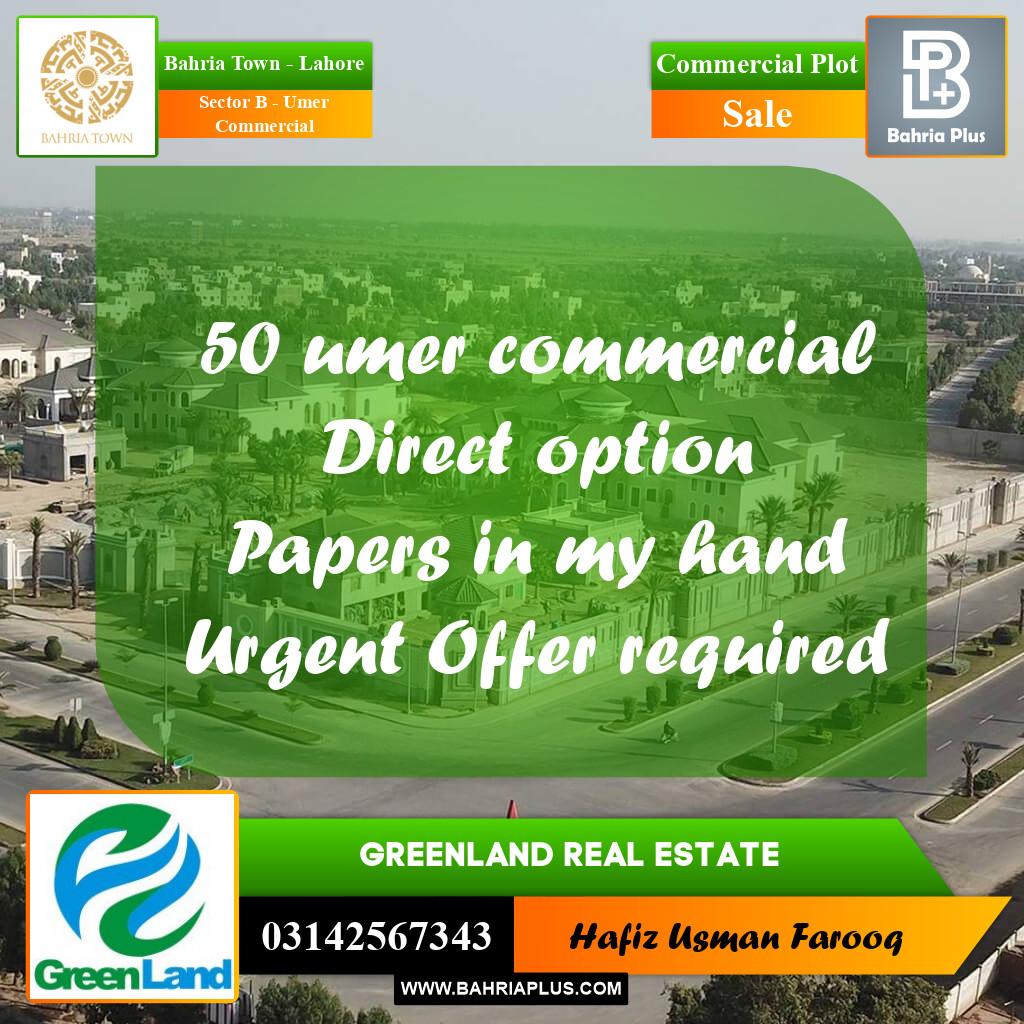 8 Marla Commercial Plot for Sale in Sector B - Umer Commercial -  Bahria Town, Lahore - (BP-268923)