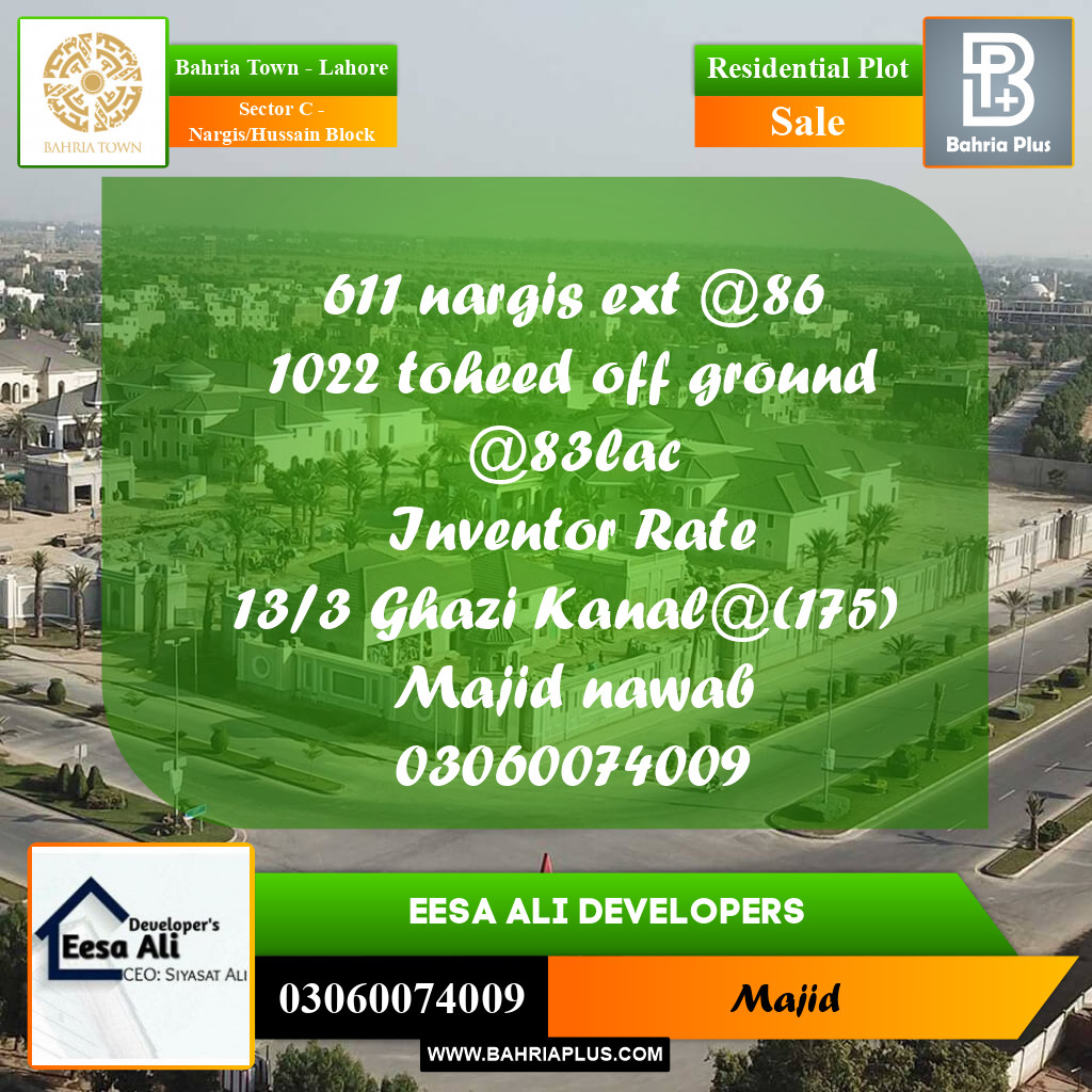 Residential Plot for Sale in Sector C - Nargis/Hussain Block -  Bahria Town, Lahore - (BP-268981)