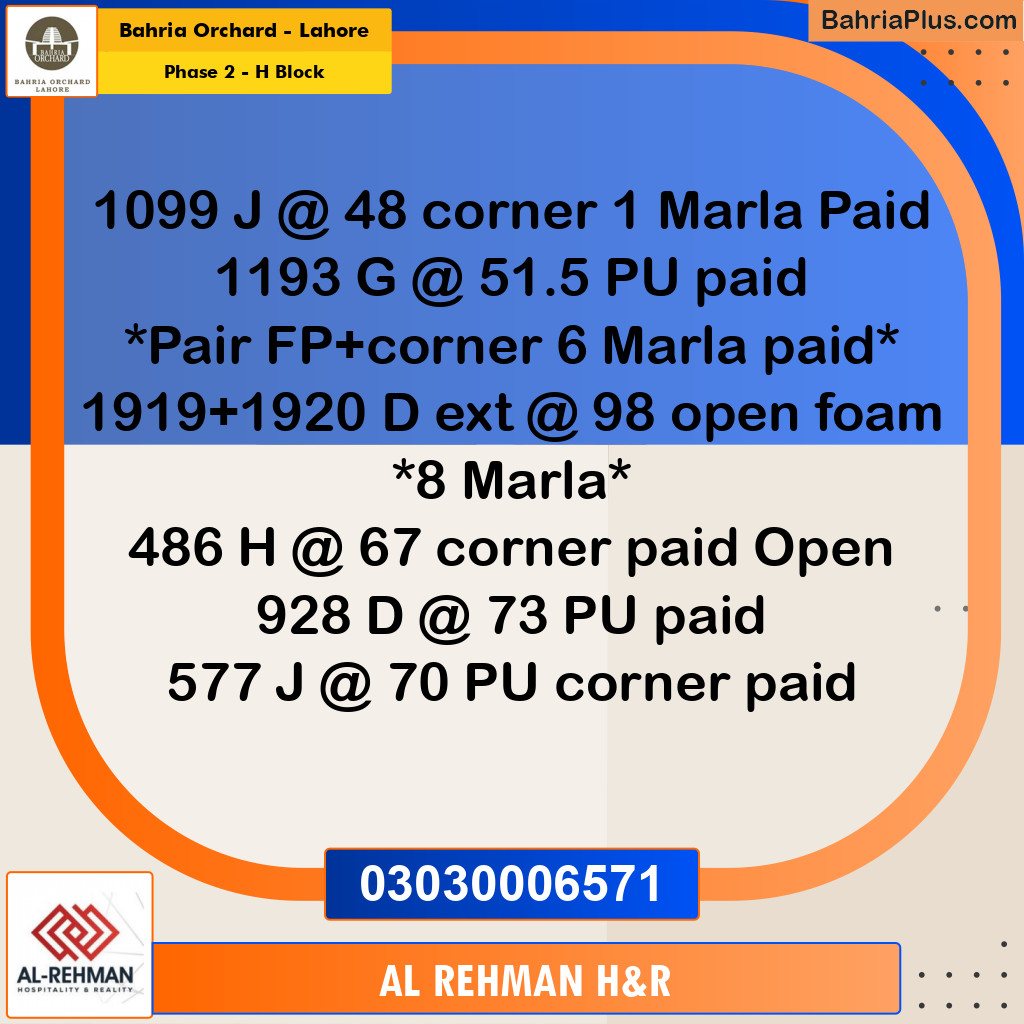 8 Marla Residential Plot for Sale in Phase 2 - H Block -  Bahria Orchard, Lahore - (BP-269031)