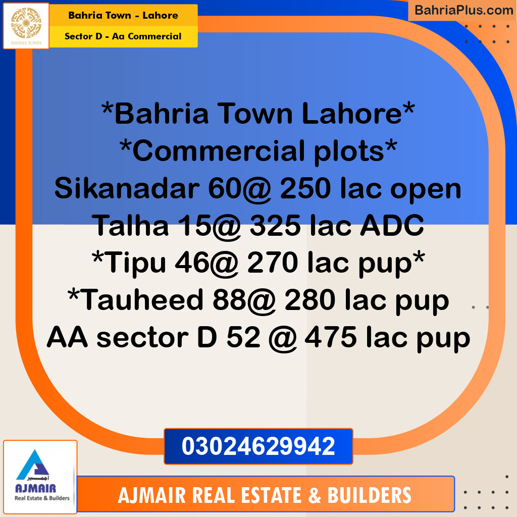 5 Marla Commercial Plot for Sale in Sector D - AA Commercial - Bahria Town, Lahore - (BP-269114)