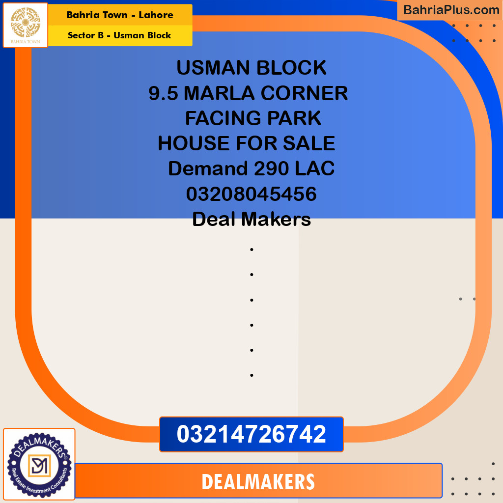9.5 Marla Residential House for Sale in Sector B - Usman Block - Bahria Town, Lahore - (BP-269308)