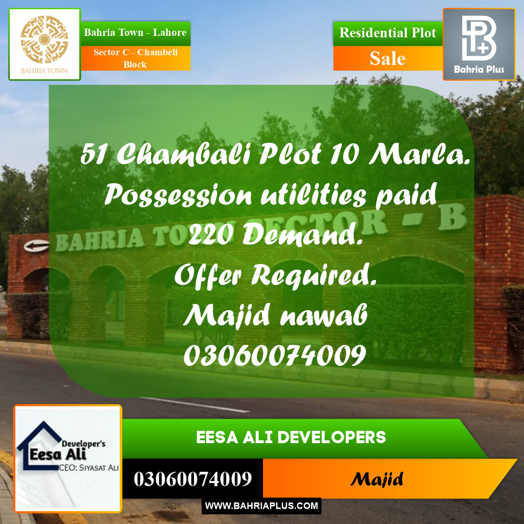 Residential Plot for Sale in Sector C - Chambeli Block - Bahria Town, Lahore - (BP-269321)