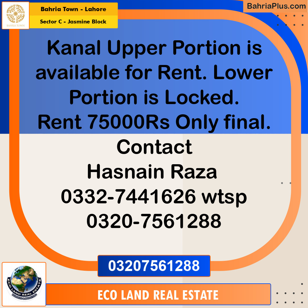 1 Kanal Residential House for Rent in Sector C - Jasmine Block -  Bahria Town, Lahore - (BP-269374)