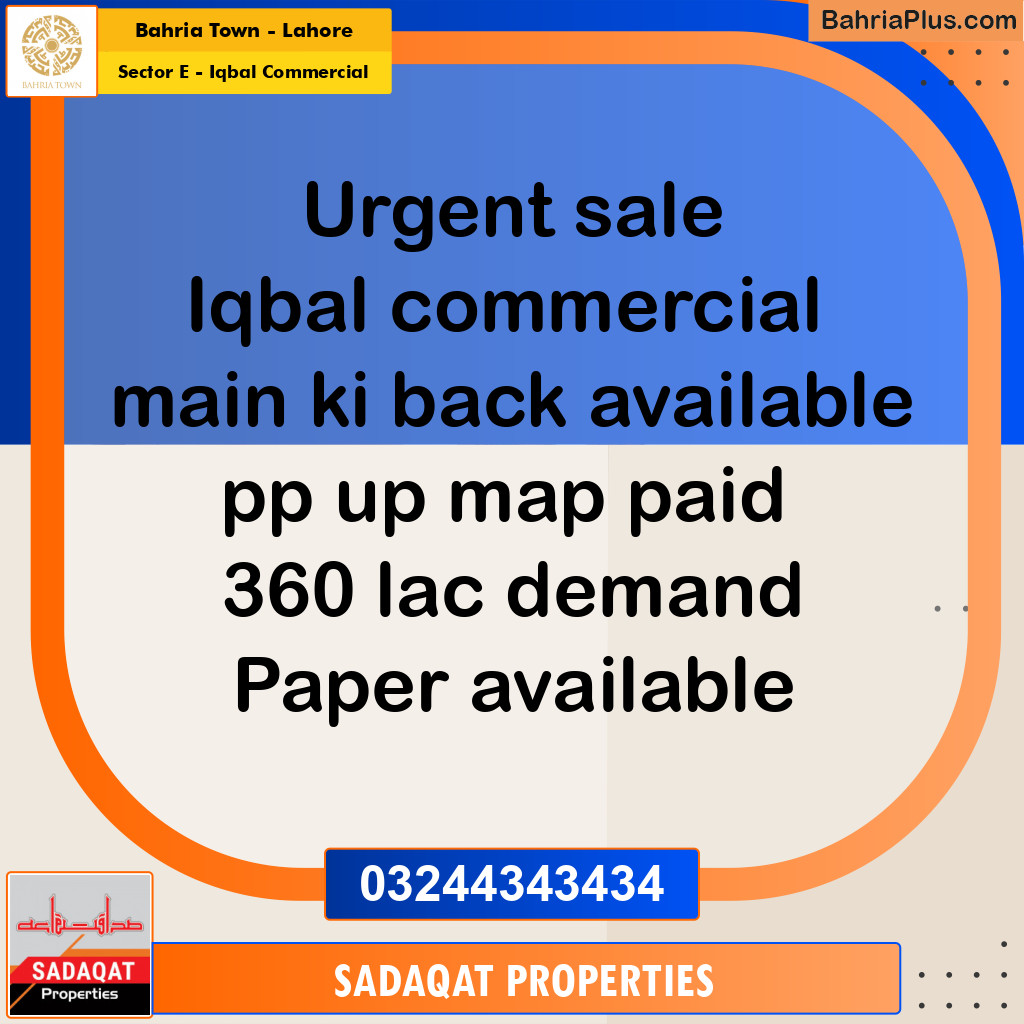 5 Marla Commercial Plot for Sale in Sector E - Iqbal Commercial -  Bahria Town, Lahore - (BP-269452)