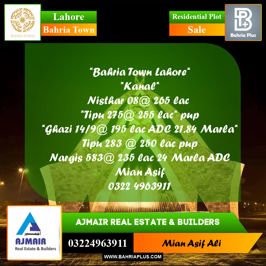 Residential Plot for Sale in Bahria Town, Lahore - (BP-269516)