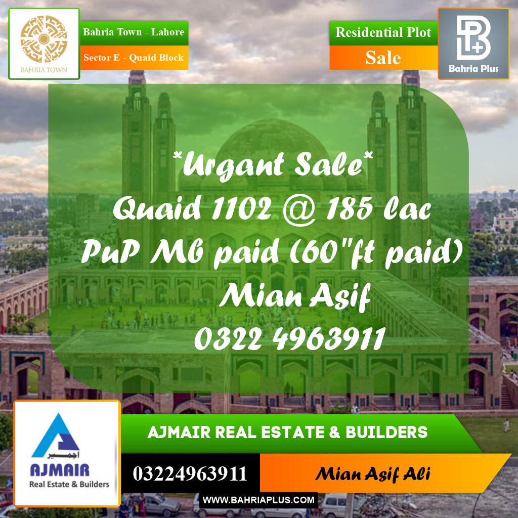 Residential Plot for Sale in Sector E - Quaid Block -  Bahria Town, Lahore - (BP-269534)