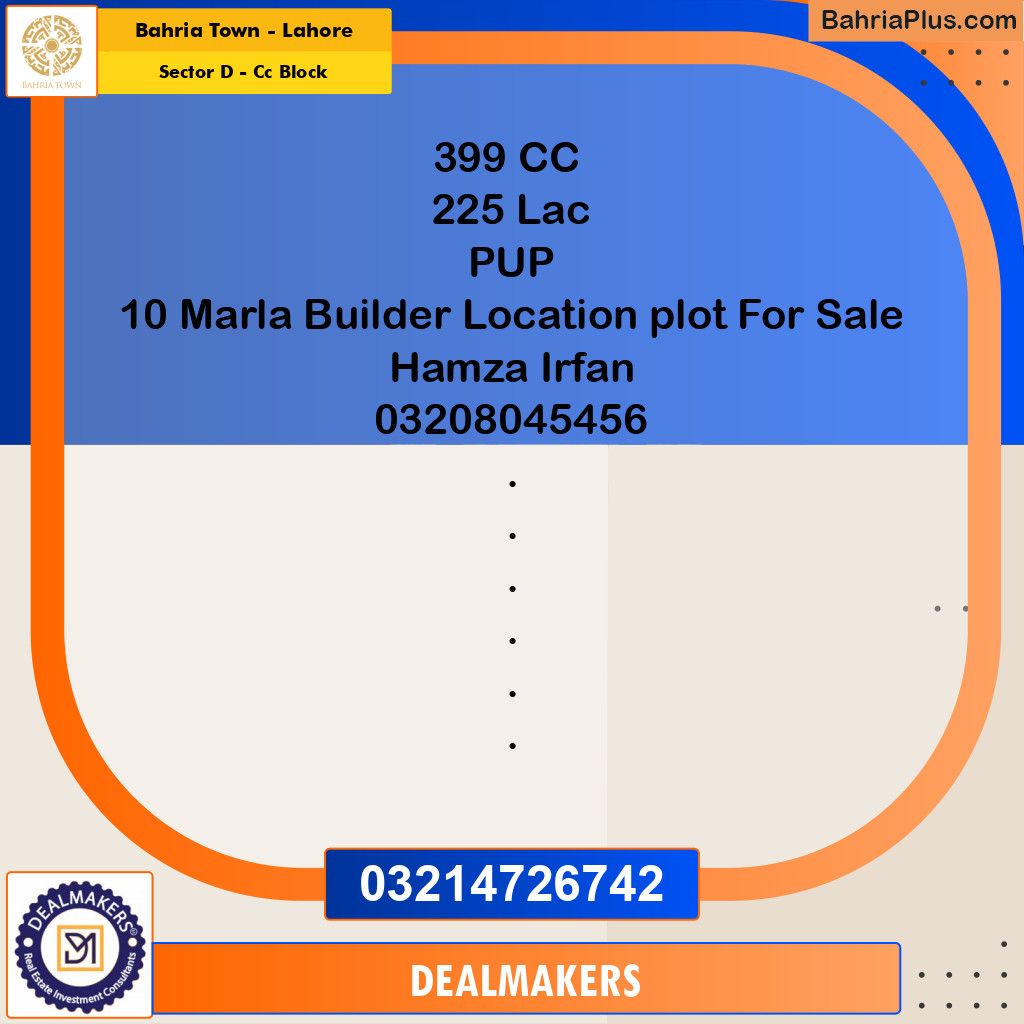 10 Marla Residential Plot for Sale in Sector D - CC Block -  Bahria Town, Lahore - (BP-269557)