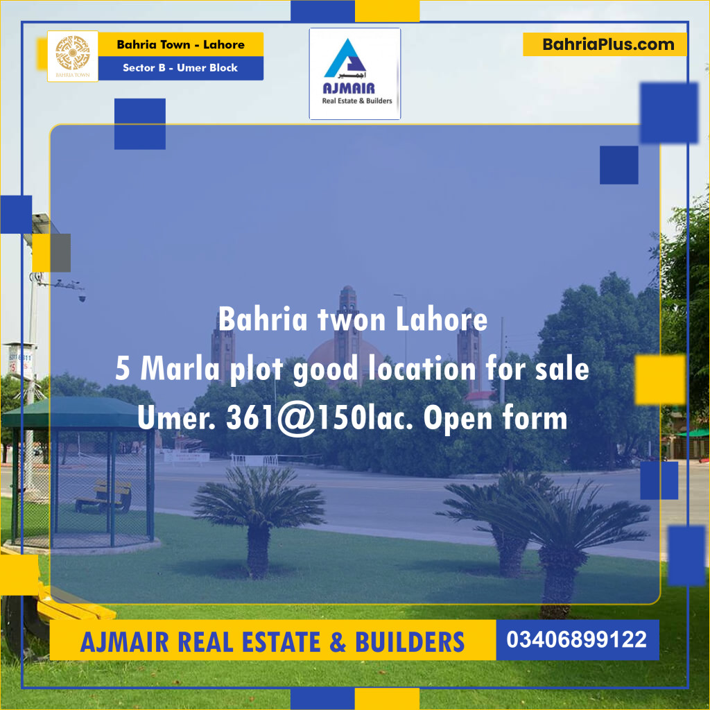 5 Marla Residential Plot for Sale in Sector B - Umer Block -  Bahria Town, Lahore - (BP-269573)