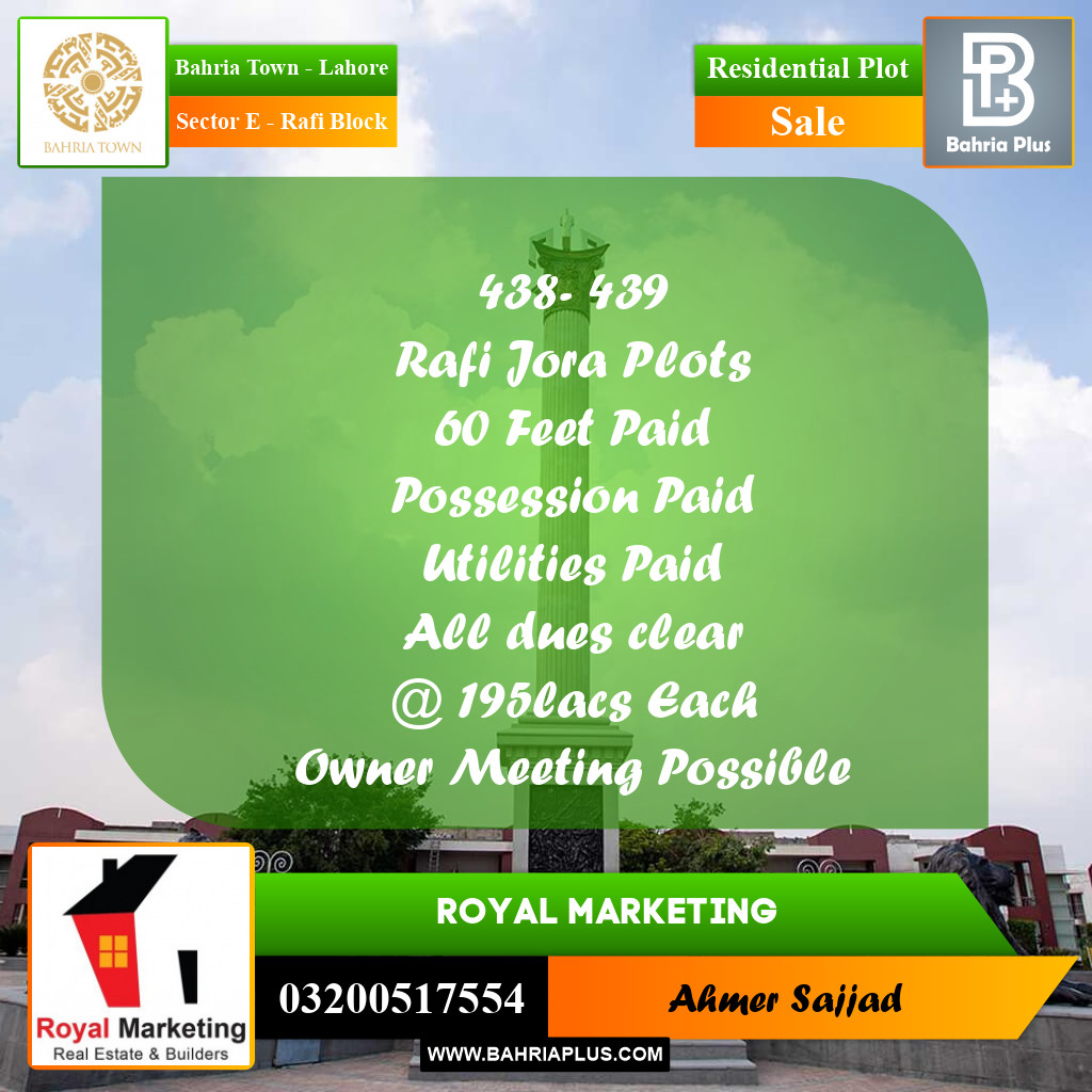Residential Plot for Sale in Sector E - Rafi Block - Bahria Town, Lahore - (BP-269594)