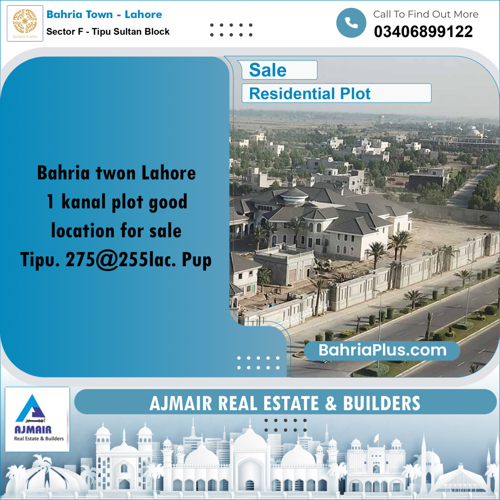 1 Kanal Residential Plot for Sale in Sector F - Tipu Sultan Block - Bahria Town, Lahore - (BP-269603)