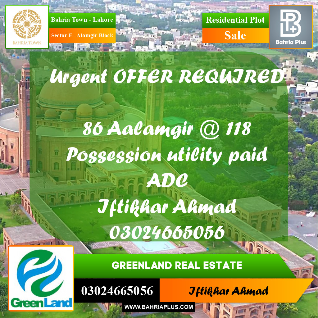 10 Marla Residential Plot for Sale in Sector F - Alamgir Block -  Bahria Town, Lahore - (BP-269656)