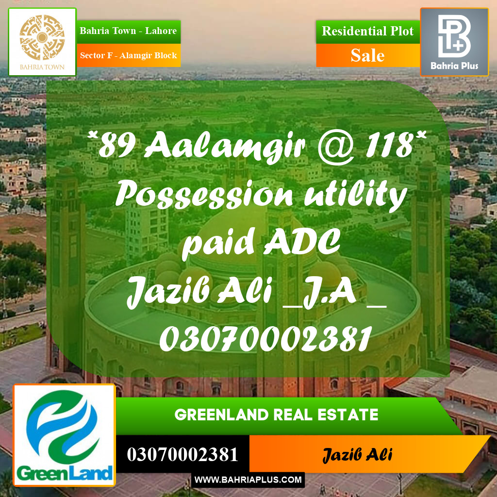 10 Marla Residential Plot for Sale in Sector F - Alamgir Block -  Bahria Town, Lahore - (BP-269658)