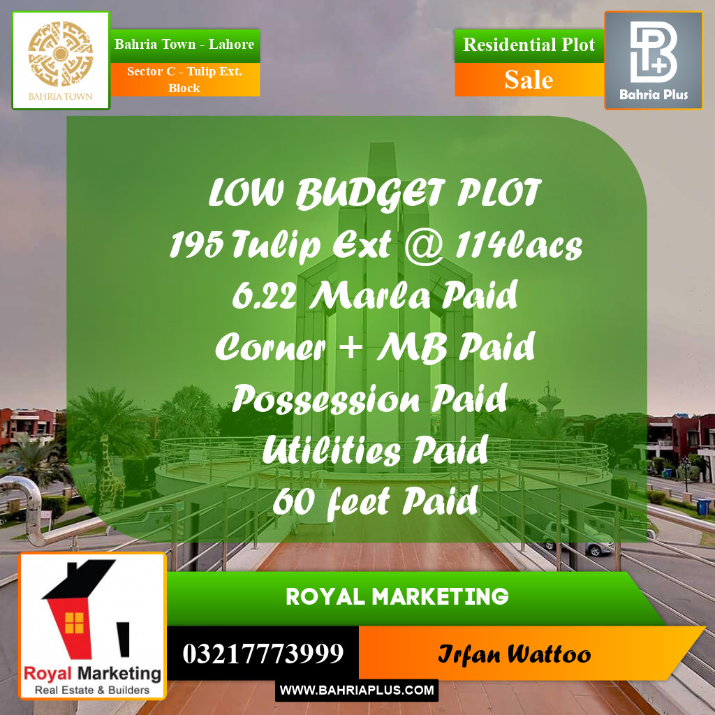 6 Marla Residential Plot for Sale in Sector C - Tulip Ext. Block - Bahria Town, Lahore - (BP-269672)
