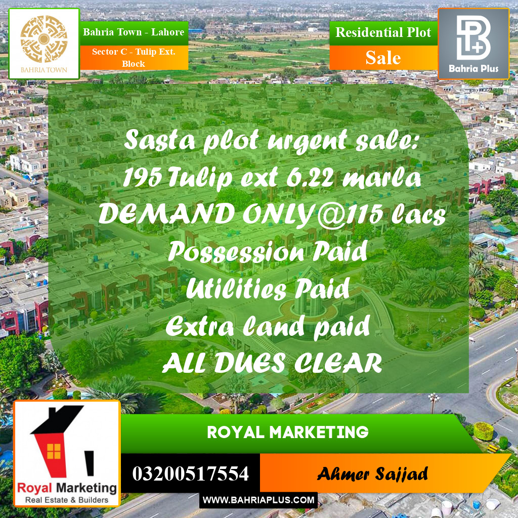 6.22 Marla Residential Plot for Sale in Sector C - Tulip Ext. Block - Bahria Town, Lahore - (BP-269675)