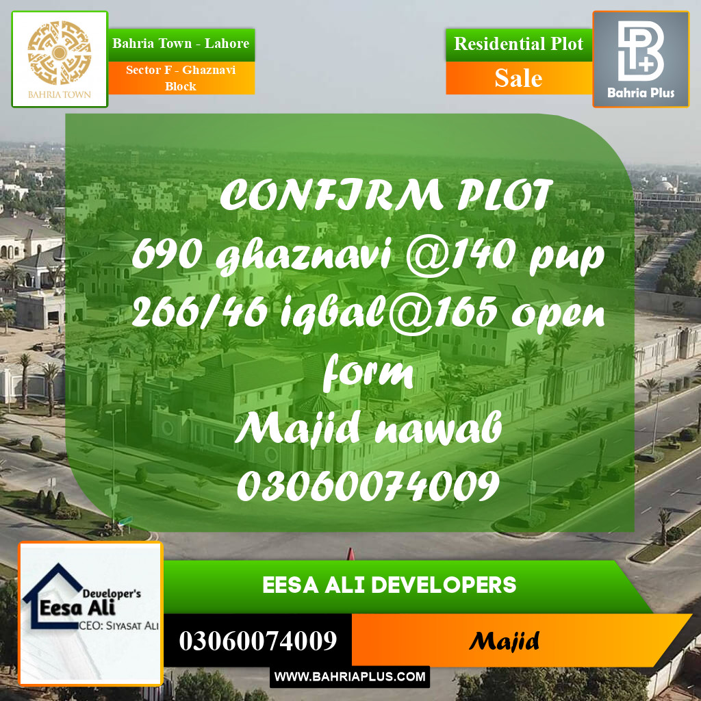 Residential Plot for Sale in Sector F - Ghaznavi Block -  Bahria Town, Lahore - (BP-269694)