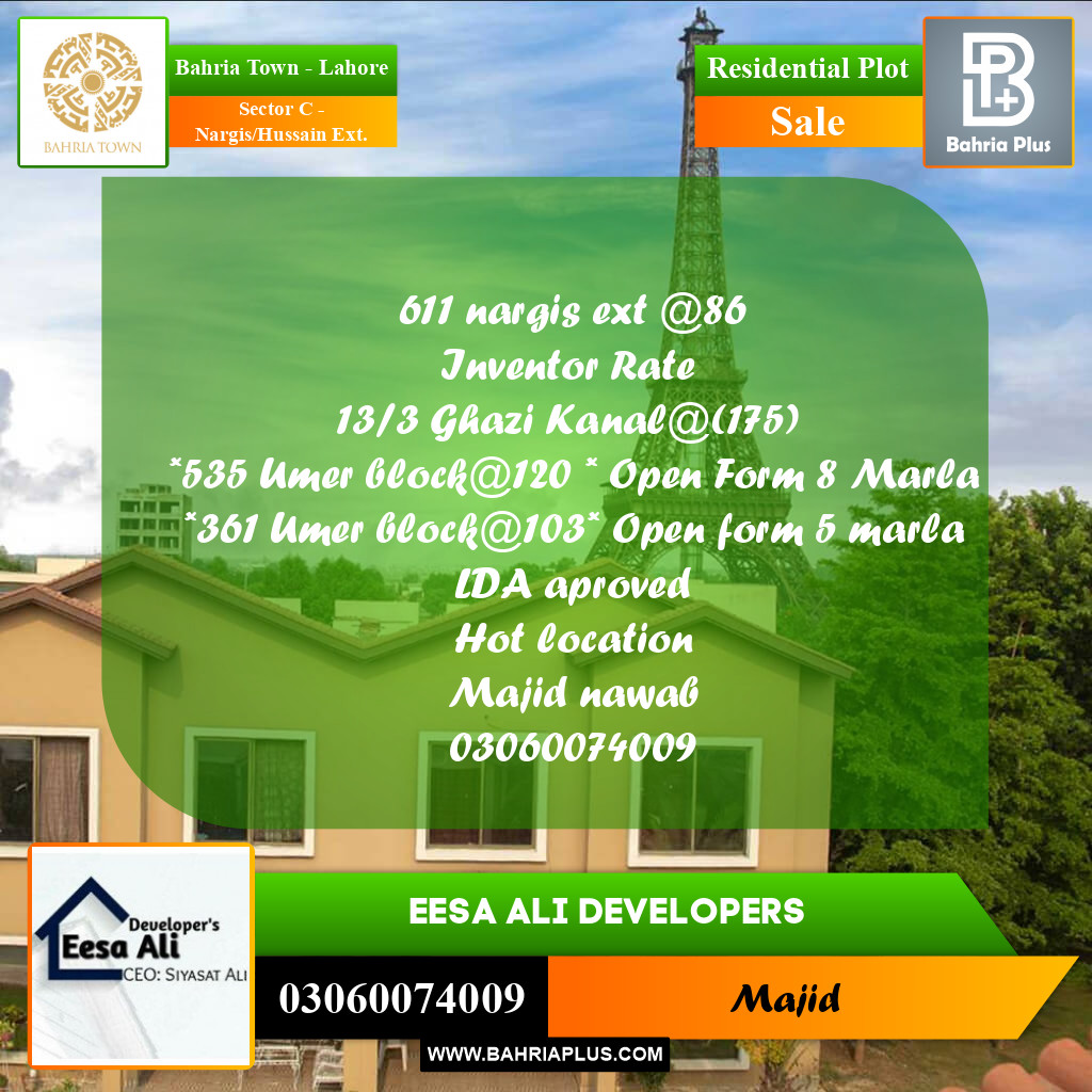 Residential Plot for Sale in Sector C - Nargis/Hussain Ext. -  Bahria Town, Lahore - (BP-269699)