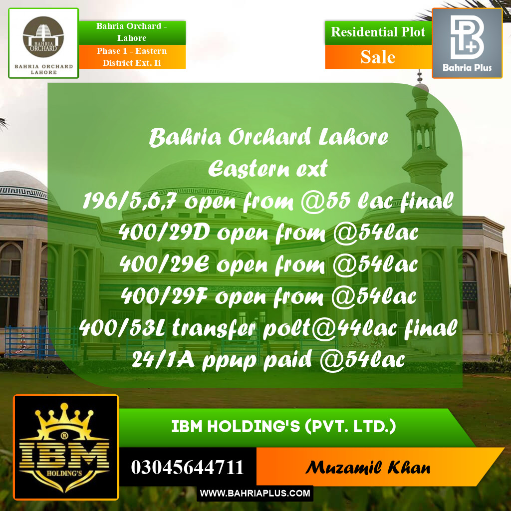 5 Marla Residential Plot for Sale in Phase 1 - Eastern District Ext. II -  Bahria Orchard, Lahore - (BP-269753)