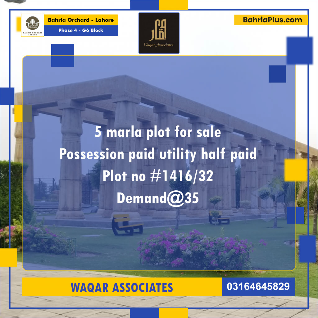 5 Marla Residential Plot for Sale in Phase 4 - G6 Block - Bahria Orchard, Lahore - (BP-269788)