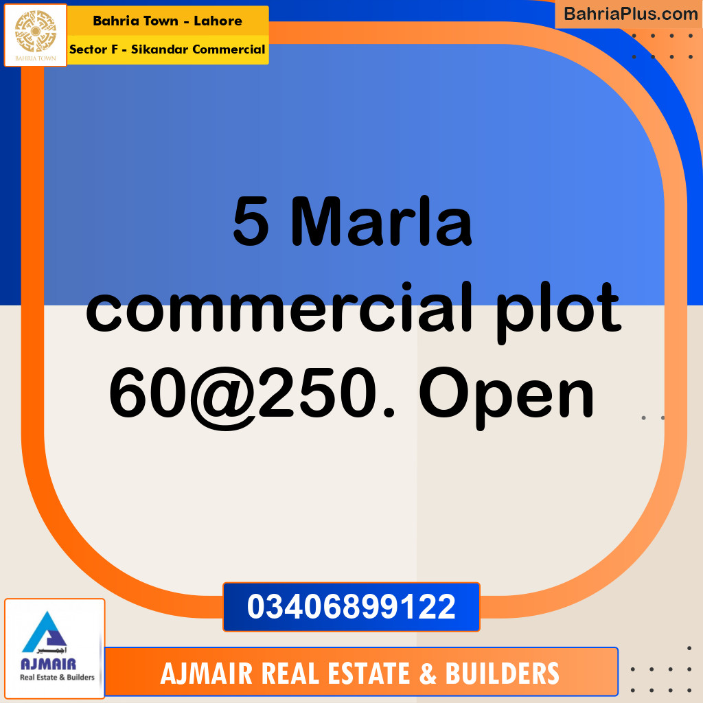 5 Marla Commercial Plot for Sale in Sector F - Sikandar Commercial -  Bahria Town, Lahore - (BP-269859)