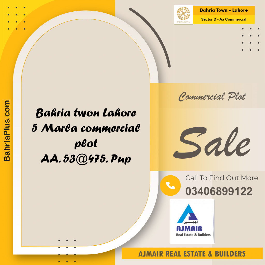 5 Marla Commercial Plot for Sale in Sector D - AA Commercial -  Bahria Town, Lahore - (BP-269862)