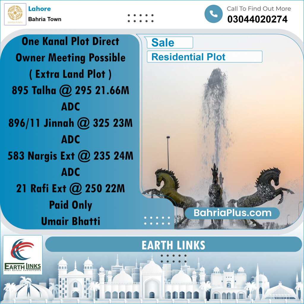 1 Kanal Residential Plot for Sale in Bahria Town, Lahore - (BP-269918)