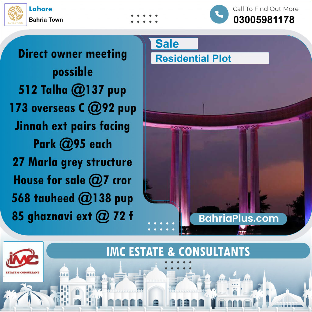 Residential Plot for Sale in Bahria Town, Lahore - (BP-269992)