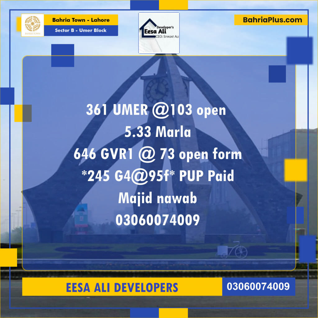 Residential Plot for Sale in Sector B - Umer Block -  Bahria Town, Lahore - (BP-270015)