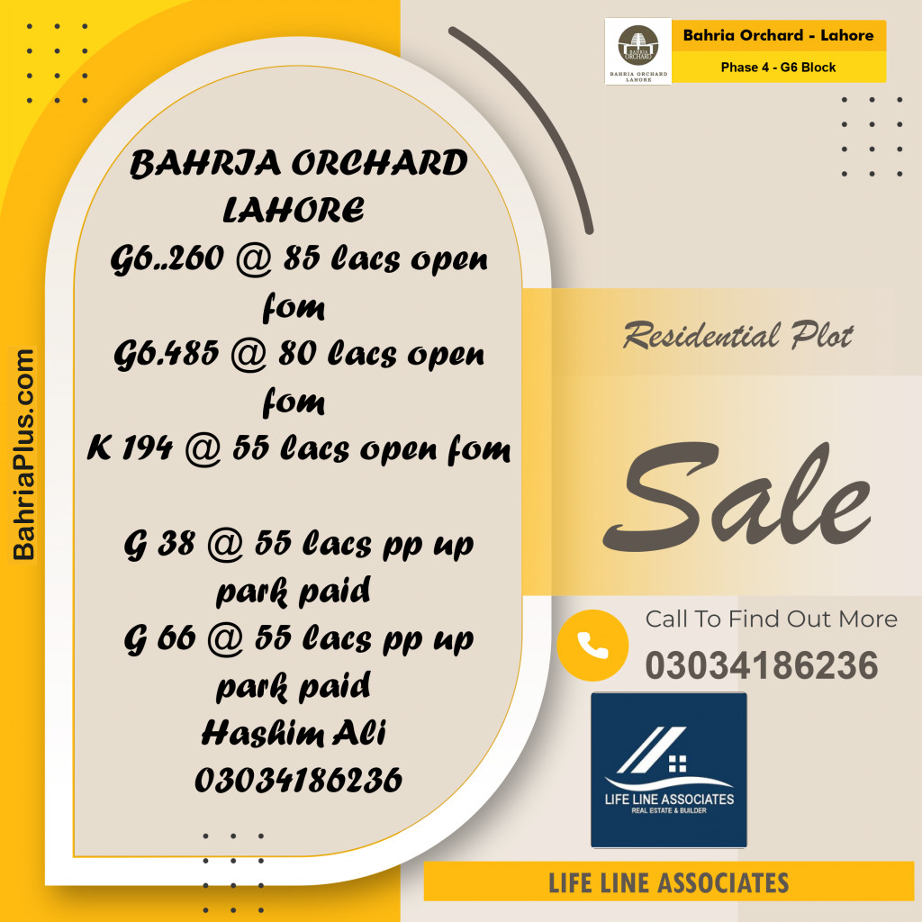 10 Marla Residential Plot for Sale in Phase 4 - G6 Block -  Bahria Orchard, Lahore - (BP-270046)