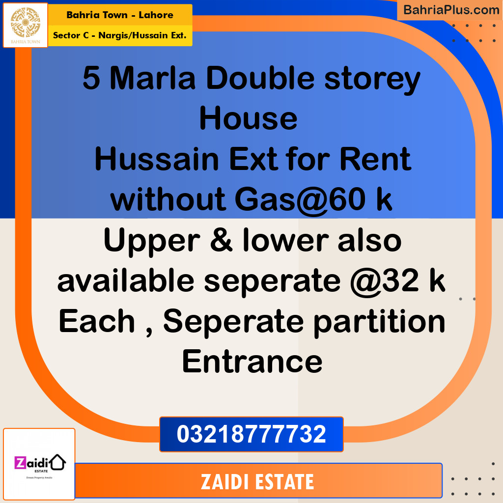5 Marla Residential House for Rent in Sector C - Nargis/Hussain Ext. - Bahria Town, Lahore - (BP-270091)