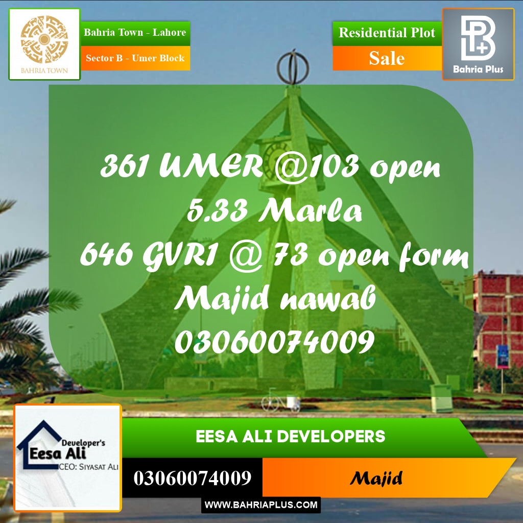 Residential Plot for Sale in Sector B - Umer Block - Bahria Town, Lahore - (BP-270137)