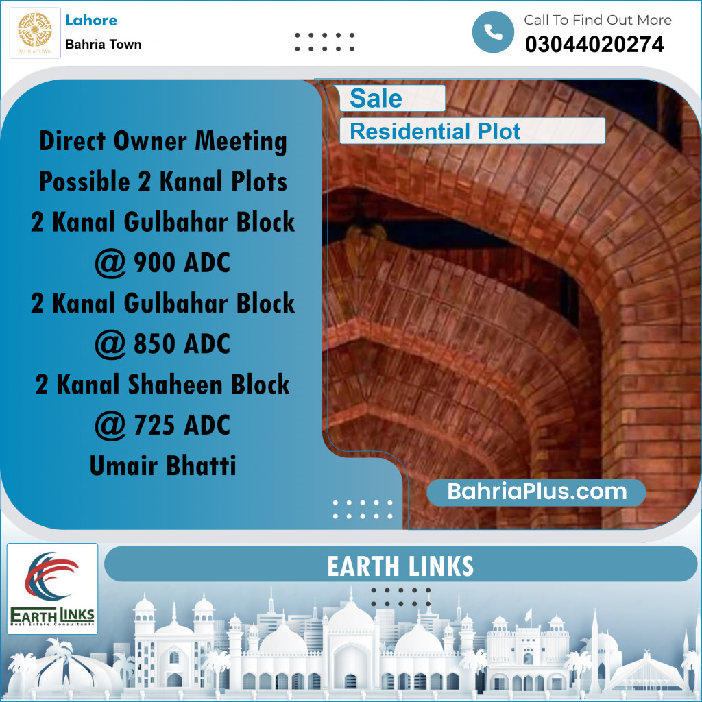 2 Kanal Residential Plot for Sale in Bahria Town, Lahore - (BP-270183)