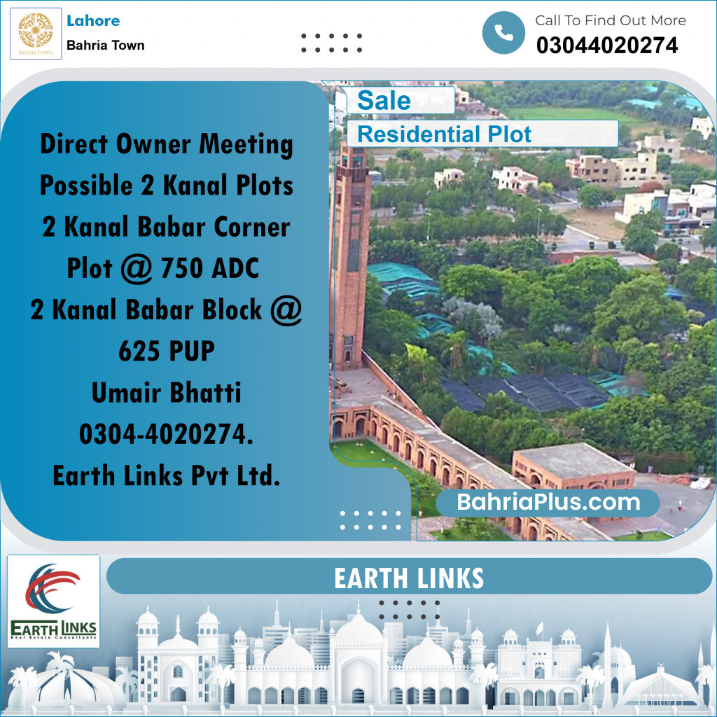 2 Kanal Residential Plot for Sale in Bahria Town, Lahore - (BP-270184)